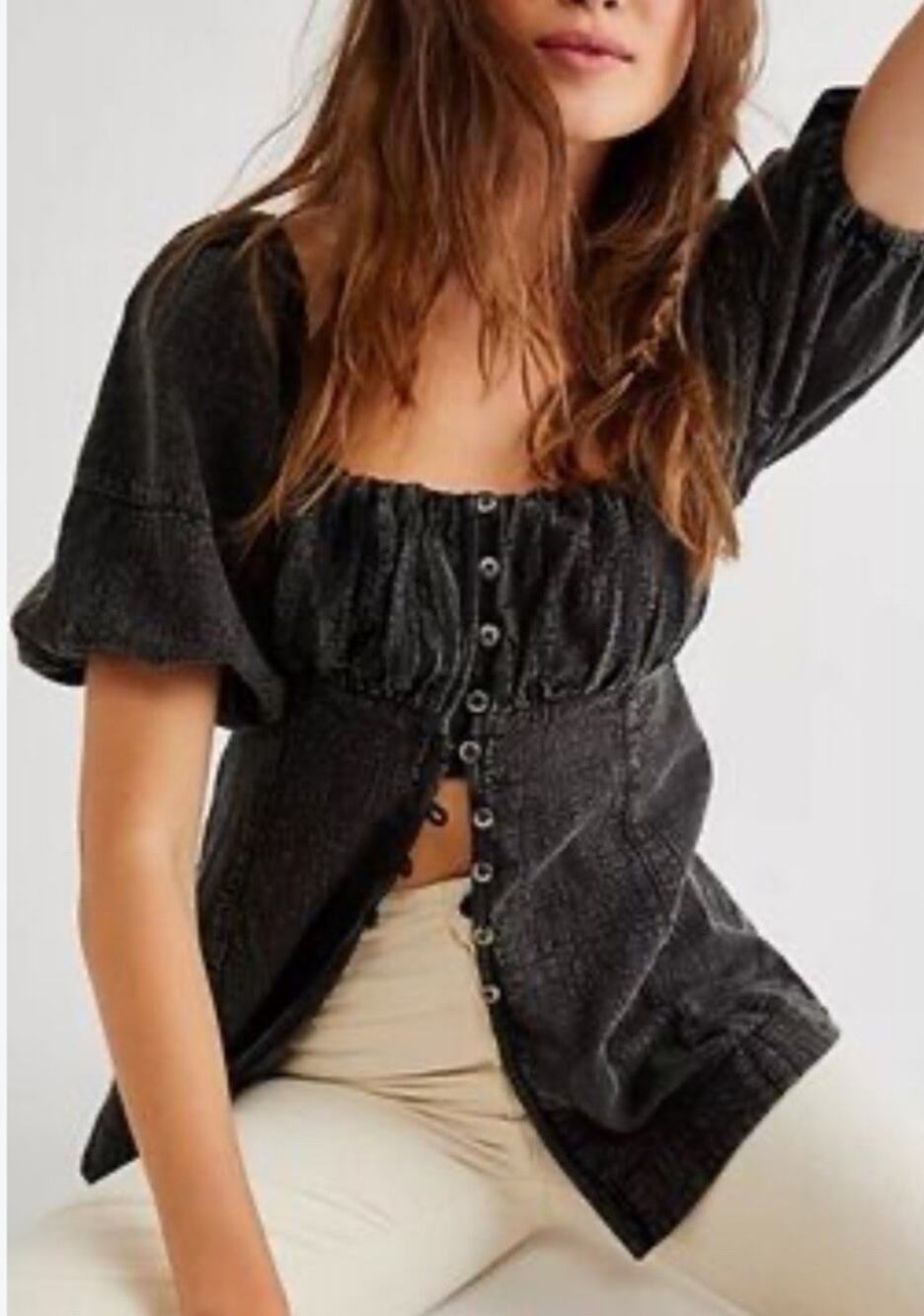 Free People Goth Maiden Puff Sleeve Square Neck Top Small Aged Black Whimsy